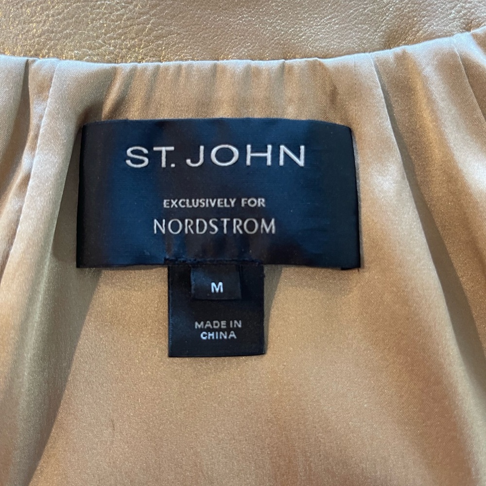 St. John 100% Lambs Leather and Silk Gold Bomber Jacket Women's M Like New - Picture 8 of 9